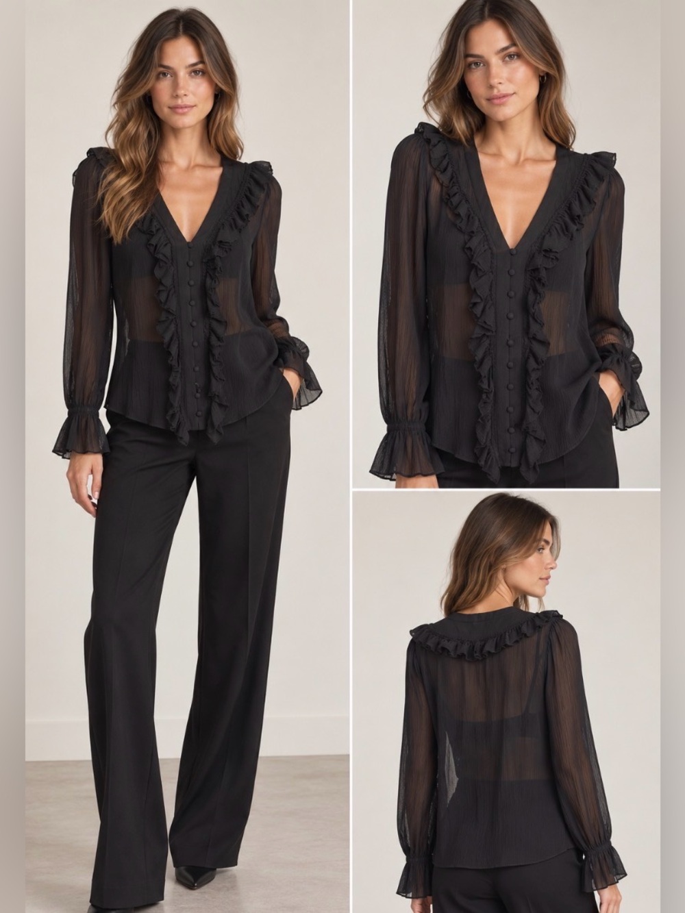 FRAME Noir Black 100% Silk Sheer Ruffle Button Front Blouse Top S